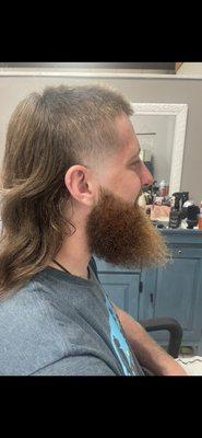 Classic customer requested Mullet with razor lines beard