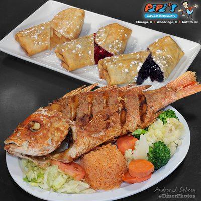 "Huachinango (Red Snapper)". Served with rice and veggies. For dessert, Empanadas (Apple, Cherry, & Blueberry).