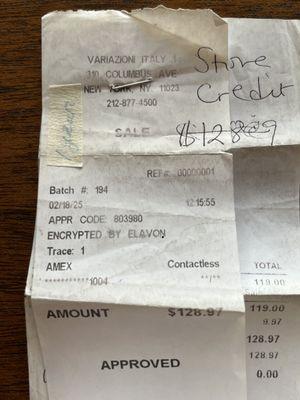 receipt rejected by the store