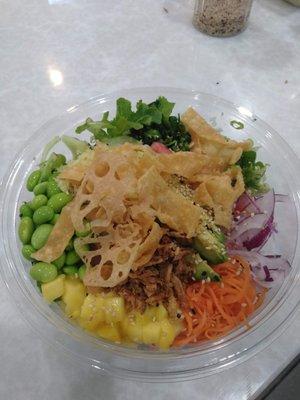 2 protein with veggies and mango, added avocado and lotus chips plus my favorite wonton chips