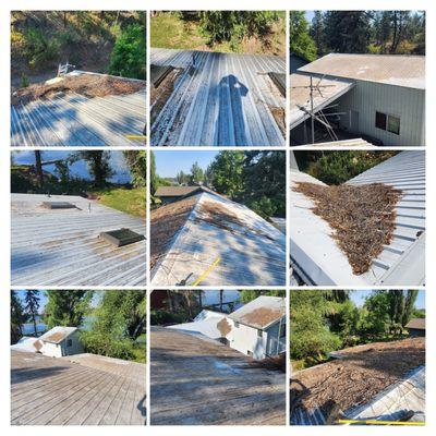 A roof blow off for a metal roof, before and after collage.