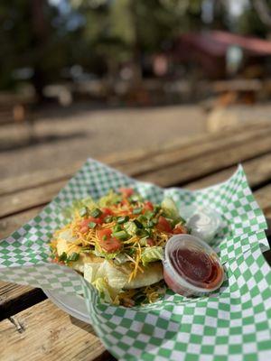 Vegetarian bean and cheese fry bread taco