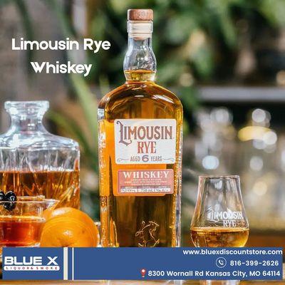 Limousin Rye Whiskey is now available at Bluex Discount Smoke and Liquor, offering a bold and refined taste for whiskey enthusiasts.