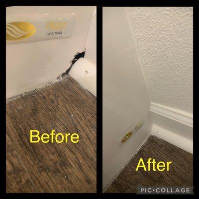 Before and after bottom corner of outside tub