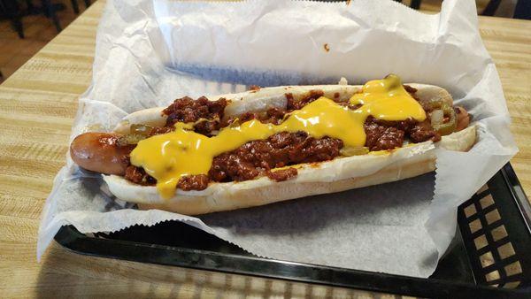 Footlong Chili, Cheese, Mustard, & Sauteed Peppers & Onions