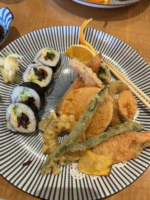 Vegetable Tempura and vegetarian sushi.