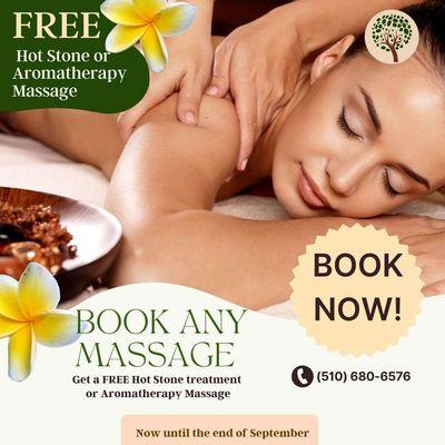 Turn your next massage into something extraordinary. Book any massage and enjoy a complimentary Hot Stone therapy or Aromatherapy Massage.