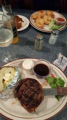 shrimp could have been cooked longer. My fillet was a pre-package with bacon on outside. It was cooked perfect medium rare but quality off