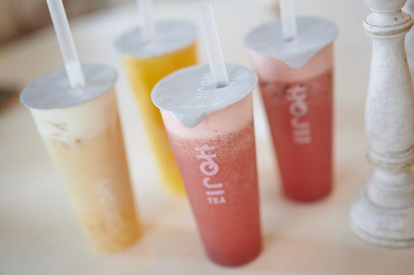 Fresh Fruit Jade Tea (Strawberry) (Mango in back), Fresh Jade Mountain Tea