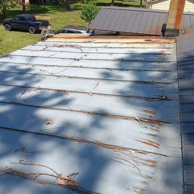 I dont paint roof any more but We did this one for a friend. We pressure wash and kill the rust then we spot prime and two coats of acrylic