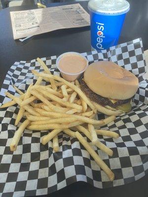 Cheeseburger, Fries, and Carmel Shake.