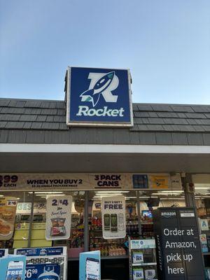 Rocket sign on the front of the building.