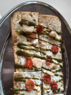 Pesto, ricotta, shrimp flat bread which
