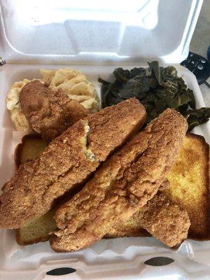 Two pieces fish dinner with Mac and Cheese and Collar greens
