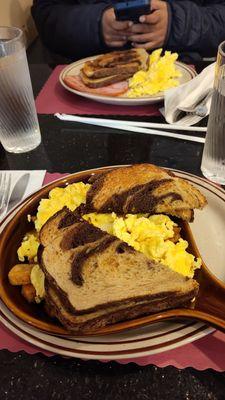New england skillet in front. Ham and eggs in back. We like rye!