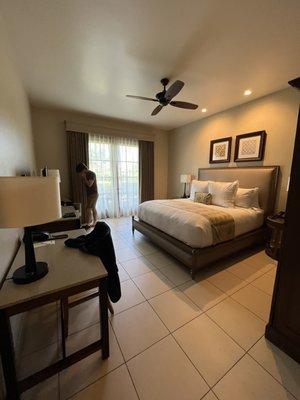 Spacious, clean rooms with a patio outside