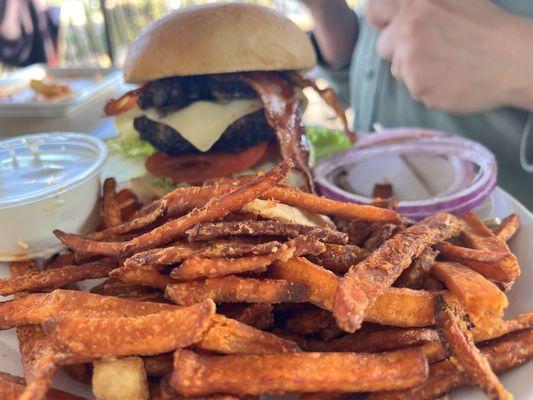 Mushrooms, Swiss, bacon, burger, sweet potato fries