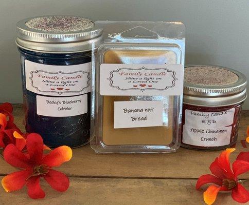 We have a variety of 4 oz, and 8 oz candles and 3 oz wax warmer melts