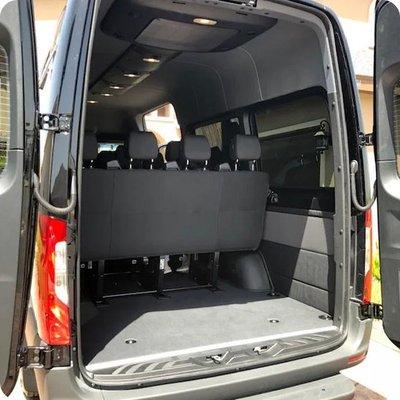 Mercedes Benz Sprinter 15-seater long tail, high roof, high output. Recliners and individual outlets and AC.
Extra room for luggage!