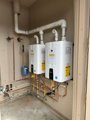 2 Navien NPE 240A2 tankless heaters comercial set up, in place of 100 gallon tank.
