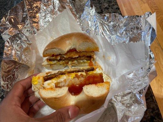 Sausage, egg, and cheese with a hash brown sandwich