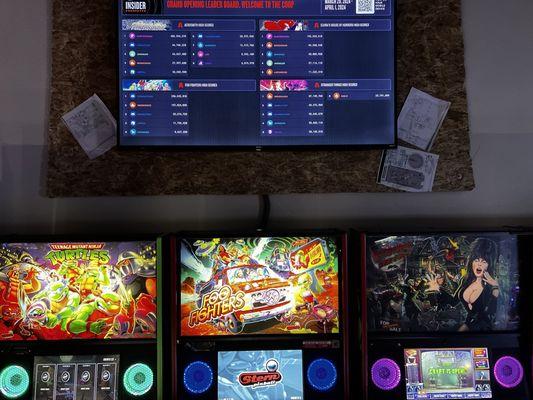 Stern leaderboard above 3 insider internet connected Stern pinball machines. Tracks your scores and achievements on your stern phone app