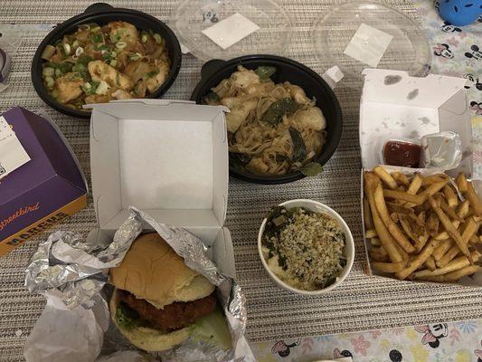 Streetbird Fried Chicken Sandwich, Mac & Greens, fries (excellent). Sripraphai drunken noodles and pad thai (would not recommend).
