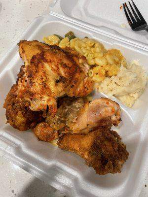 Baked chicken, fried chicken, mac and cheese, green beans and mashed potatoes