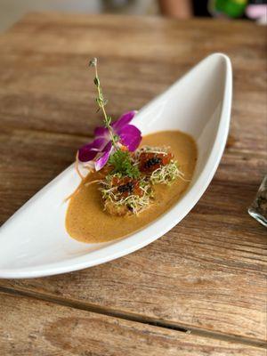 scallop appetizer: thai curry, carrots, sprouts caviar.
