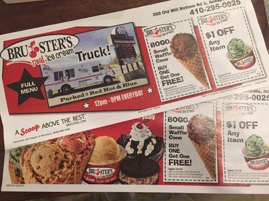 Look for coupons in the mail and then go find the Bruster's Truck!