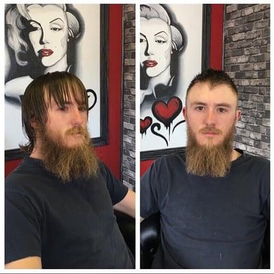 Before and after of a haircut and beard shape.