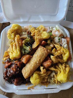 Crab puffs, egg roll, TSO Chicken, lo mein, happy family