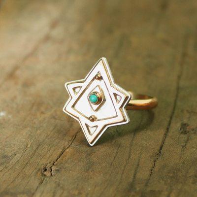 Custom merkaba ring in 10k gold and sterling silver with turquoise