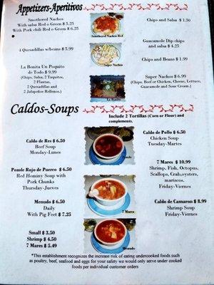 Menu 2018, appetizers and soups.