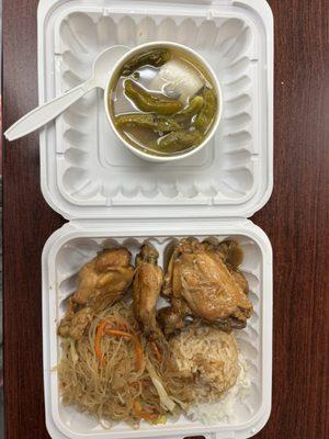 2 entree plate, half half rice pancit