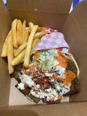 Lamb Gyro with hot sauce and garlic sauce. $15 at Turkish Cuisine at Washington Square Mall food court. So good! Highly recommend.