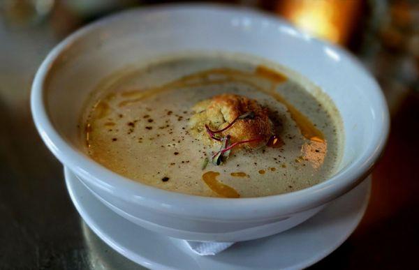 Pour Commencer: Potage Épais De Topinambour et Champignons (Pureé of Roasted Sunchoke & Mushroom, Shallots, Cream, Ham & Gruyère Gougère)