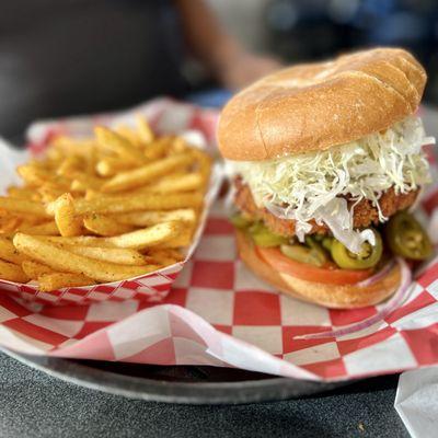 Godzilla Attack Burger with 12 spice fries & curry mayo dipping sauce. If you like spicy, this is for you.