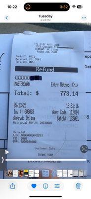 This documents the refund by owner Ken for negligent repairs, which was later voided. I never received the refund--a complete scam.