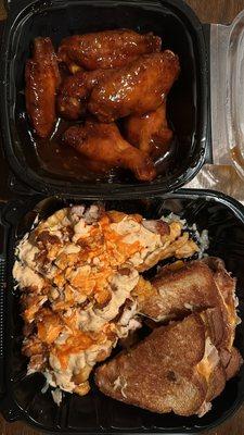 Turkey melt, Buffalo chicken fries, and sweet chili chicken wings.