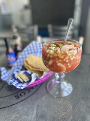 Huge, delicious shrimp and the cocktail was traditional style...lots of fresh cucumbers, tomatoes, and onions.