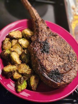 Tomahawk Steak with Air-fried Garlic-Parm Brussel Sprouts