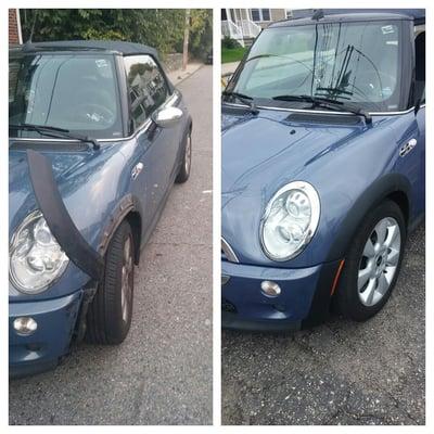 Before and after pic of my MINI from a hit and run. Leer's did a great job on my car! Great service!!