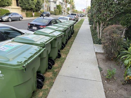 These 10 landscaping bins have been parked along our sidewalk for 3 weeks. No one knows why, and Scott Properties has done nothing about it