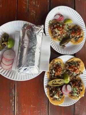 Carne asada burrito. 2 tripa tacos. 4 asada tacos.