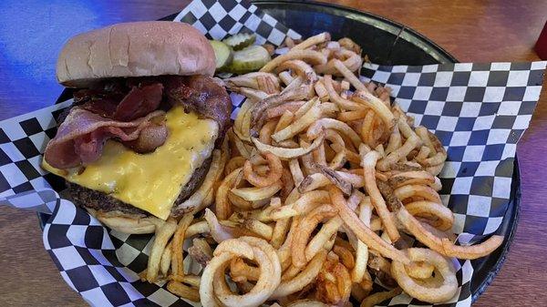 Bacon cheeseburger with fresh cut Susie cue fries