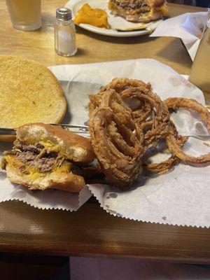 Cheeseburger and onion strings.