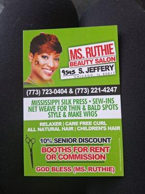 Hey
Welcome to Ms. Ruthies hairsalon!