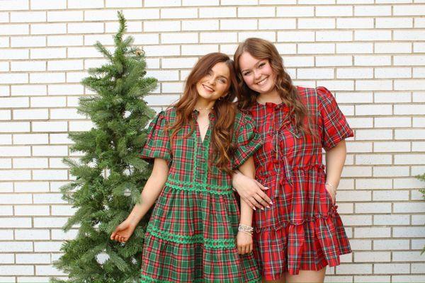 Green and red short sleeve tartan dress with Ric rac trim.