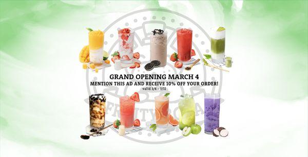 GRAND OPENING MARCH 4, 2023!
Mention this ad and receive 10% off your order!
**valid 3/4 - 3/11